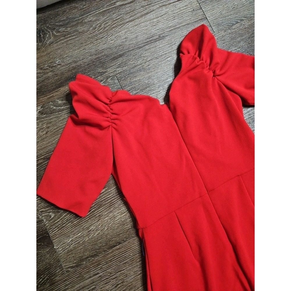 Badgley Mischka Belle Mia Red Rushed Crossover Neckline Wide-leg Jumpsuit Size 2 - Picture 9 of 14